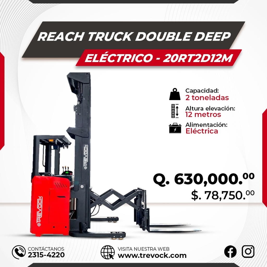 [20RT2D12M] Montacargas electrico tipo reach truck doble fondo 2 Ton / 12 m